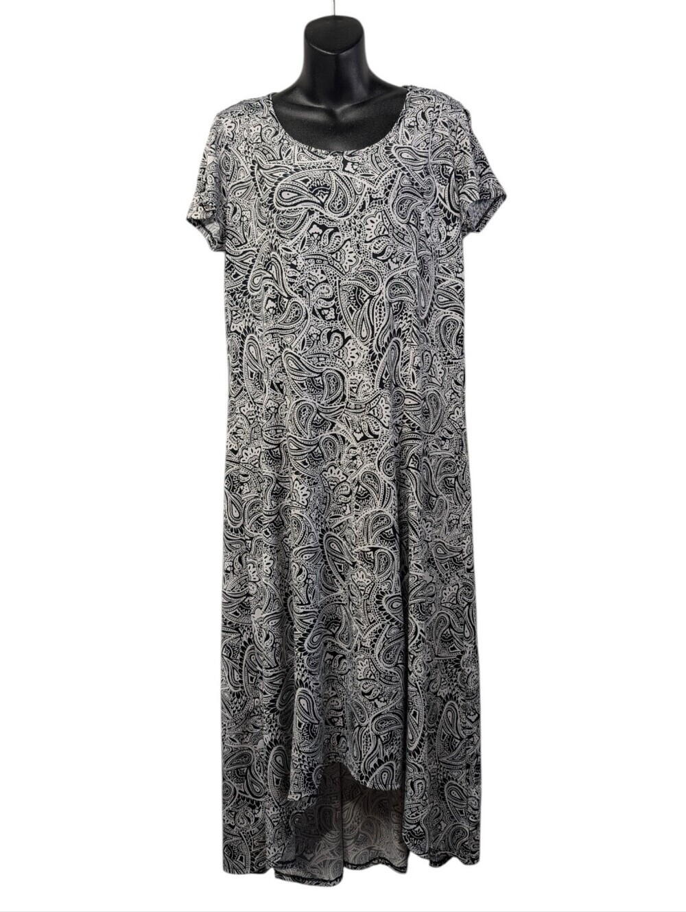 Relativity Paisley Maxi Dress Large Black White Hi-Low Short Sleeve Grommet